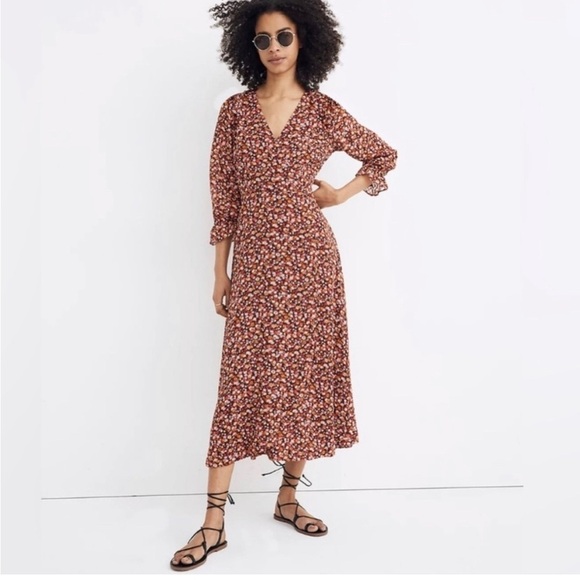 Madewell Dresses & Skirts - Madewell Long Sleeve Crossover Midi Dress Clipdot Spring Prairie Size 12